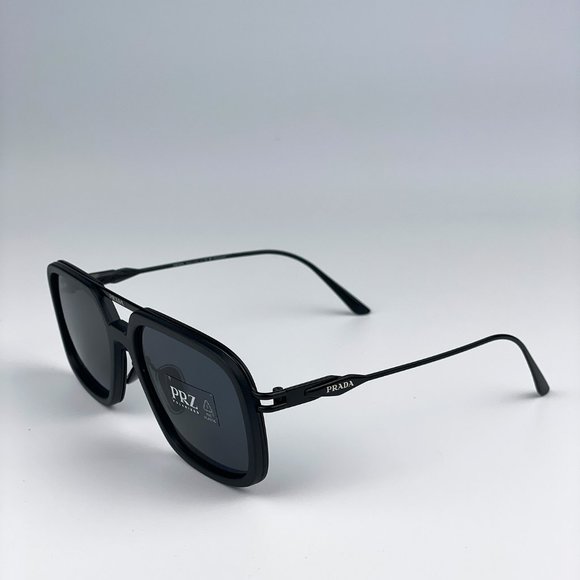 Prada PR57ZS 1BO5Z1 Sunglasses Matte Black Polarized Grey Pilot Metal Unisex - Picture 7 of 9